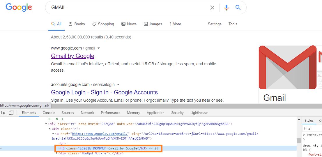 How to click on the element with text as Gmail by Google