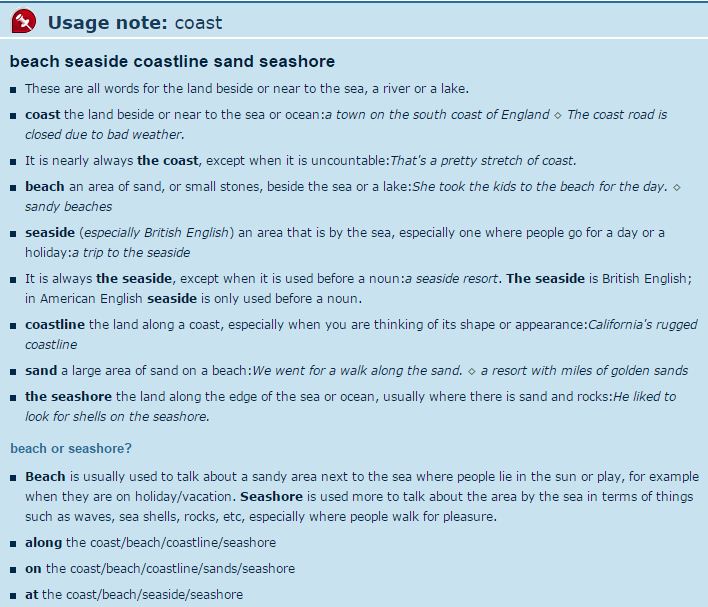 vocabulary shore, shoreline, beach, coast, coastline English
