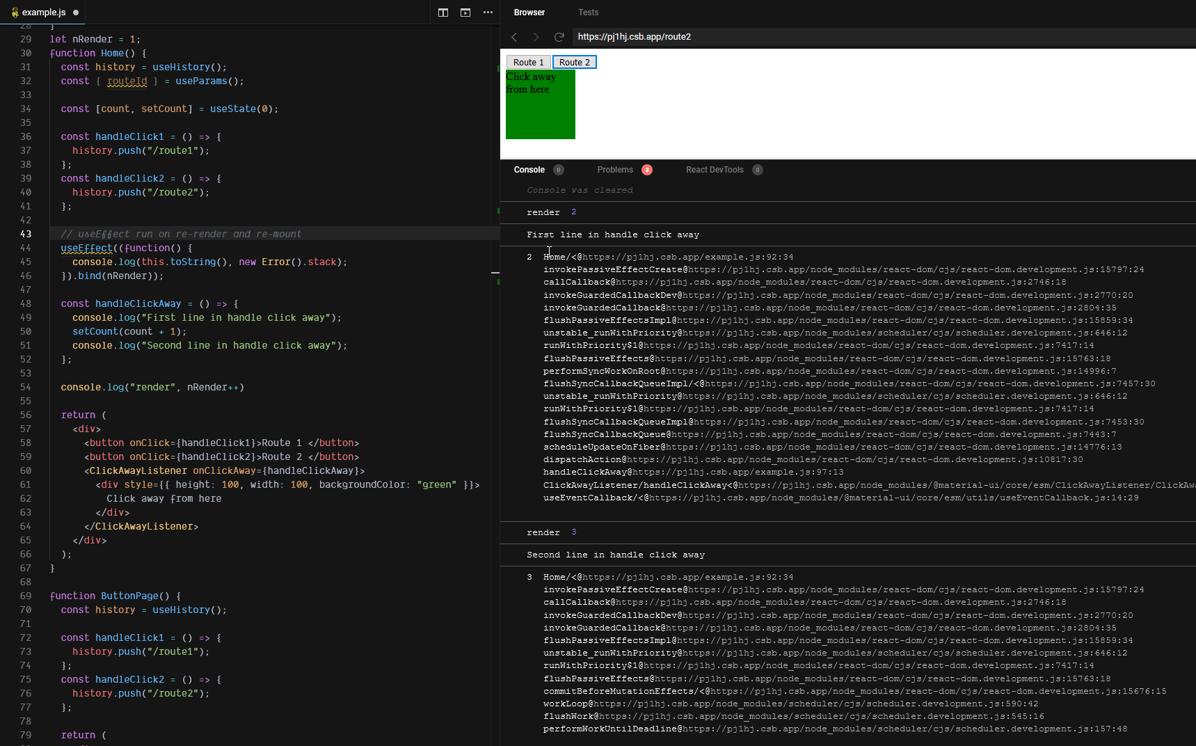 javascript Callback function for ClickAwayListener stop midway on