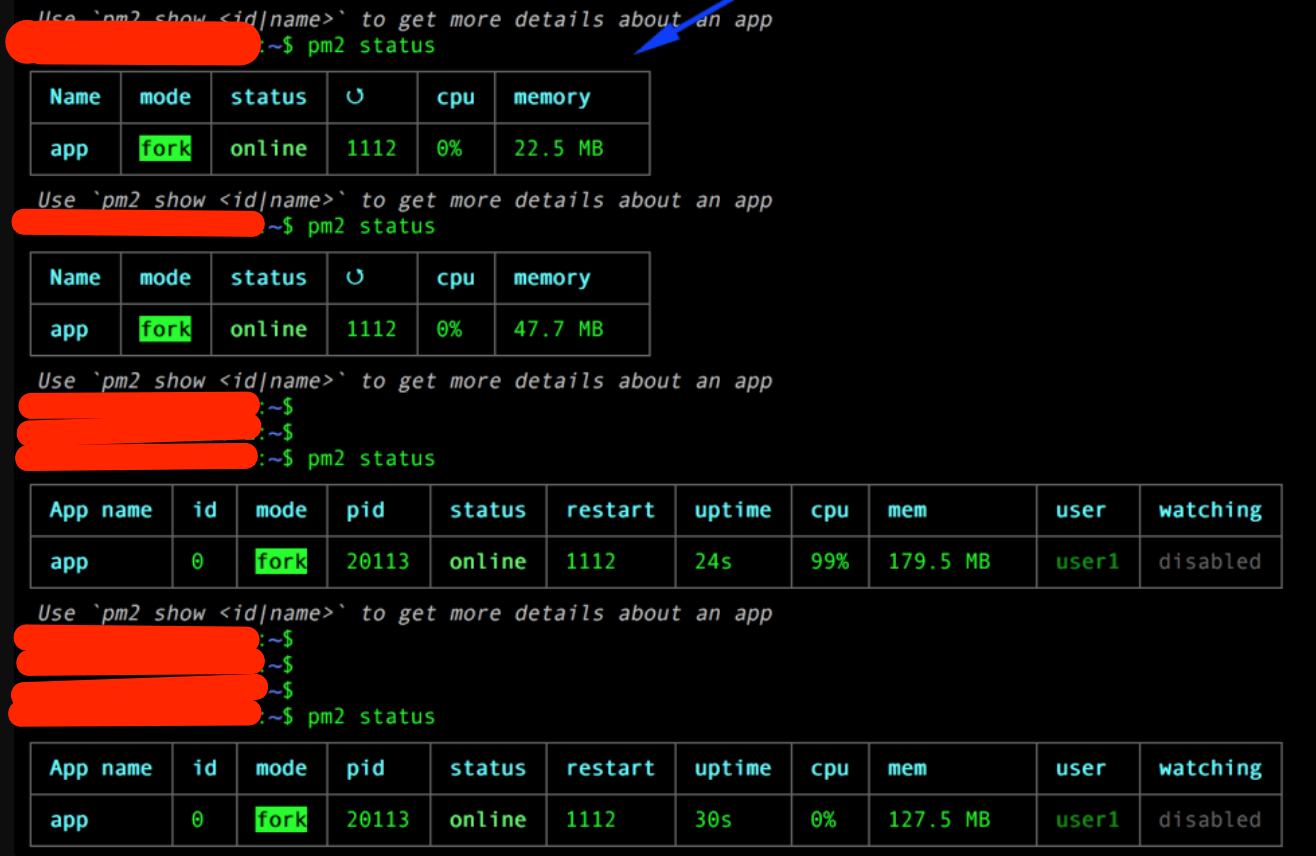pm2 status sometimes does not show the details like restart, uptime
