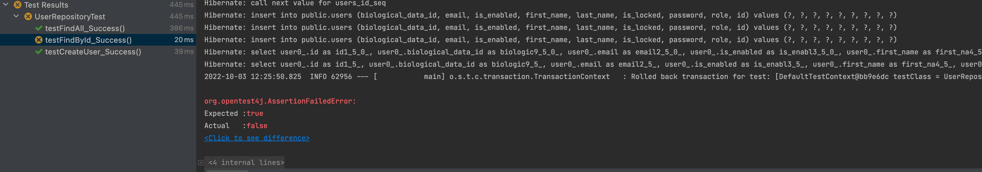 java JUnit test is with inconsistent data during findAll and findById