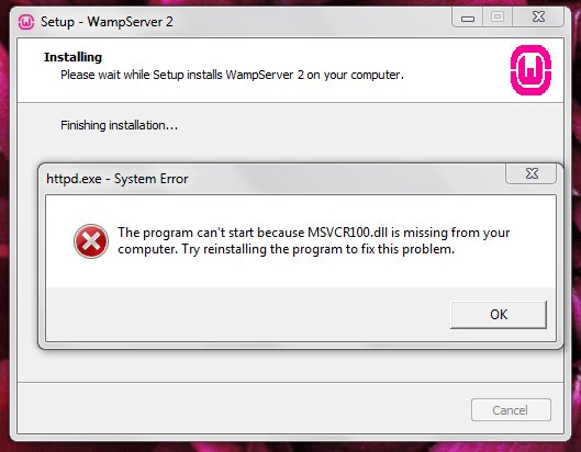 wampserver WAMP shows error 'MSVCR100.dll' is missing when install