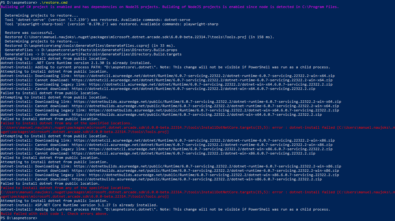 Build Core from Source, restore.cmd/sh fails,