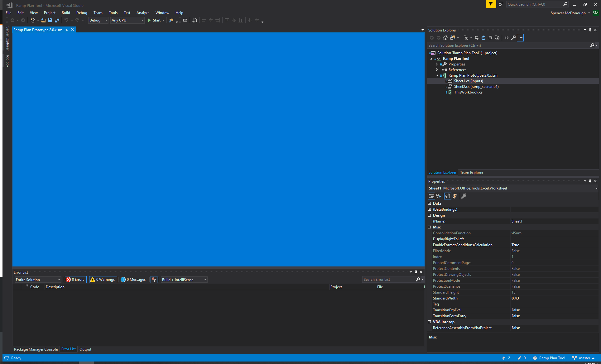 Visual Studio Tools For Office (Excel 2016 Workbook) Designer Showing
