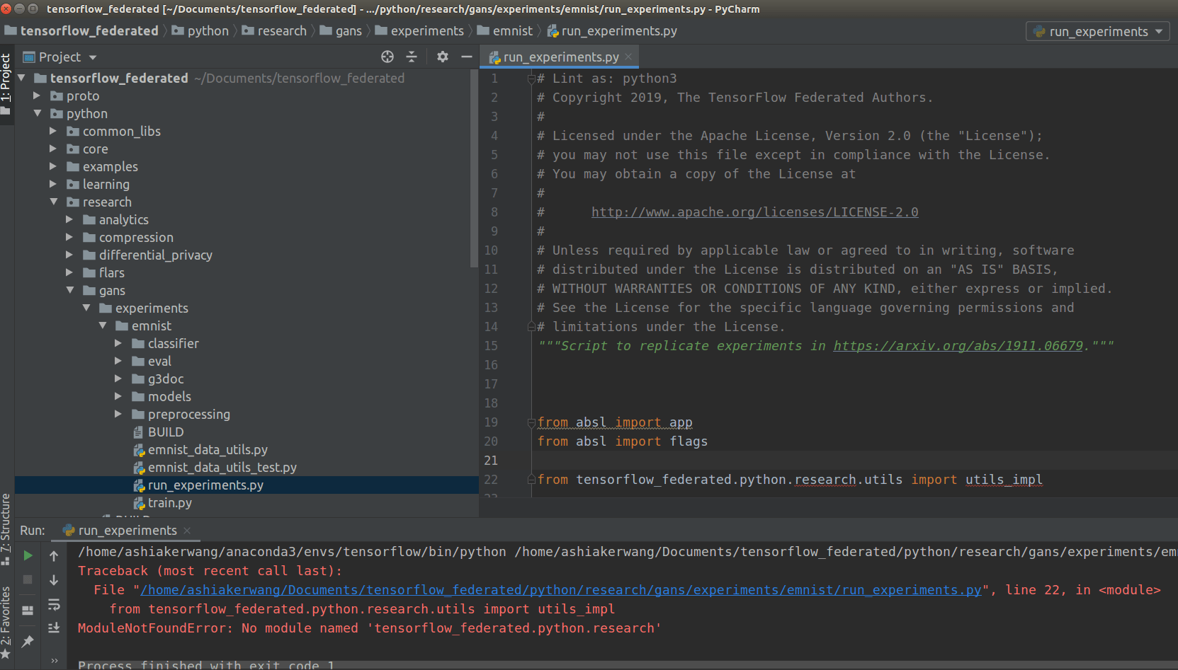 ubuntu ModuleNotFoundError No module named 'tensorflow_federated