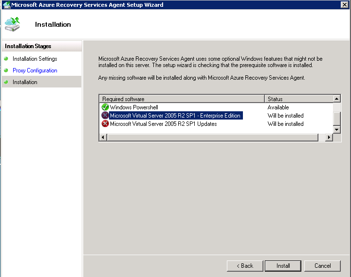 Azure Recovery Agent has prerequisite of Virtual Server
