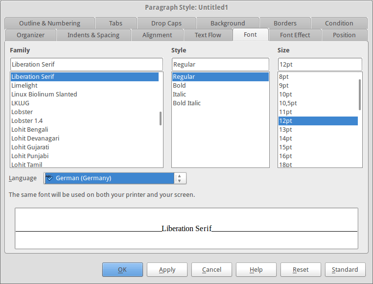 LibreOffice custom list of languages (for document, selection