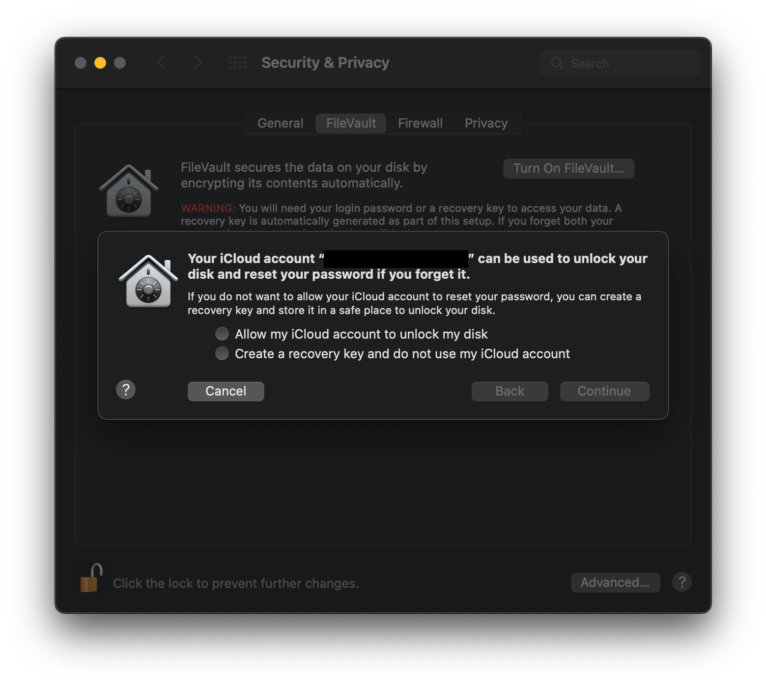 Does FileVault on macOS Monterey say it will use a recovery key
