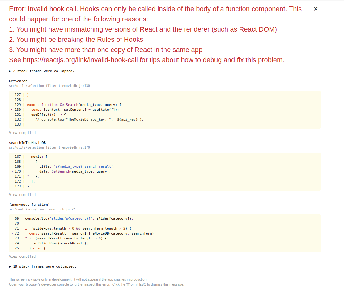 javascript React 17 Error Invalid hook call. Hooks can only be called inside of the body of