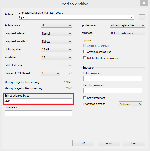 windows 7 How to zip a big folder into small files limited to 20Mb