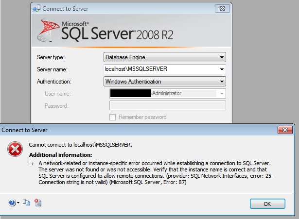 Can't connect to SQL Server 2008R2 on Windows Server 2008R2 Server Fault