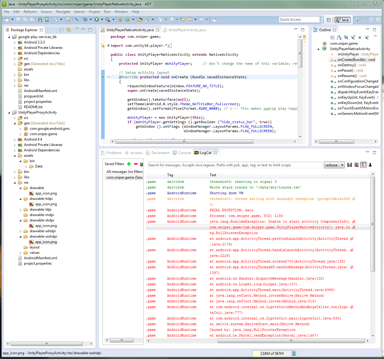 Android Unity 3D Project java.lang.RuntimeException Unable to start