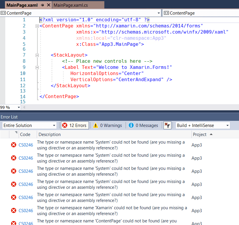 c The type or namespace name 'System' and 'Xamarin' could not be