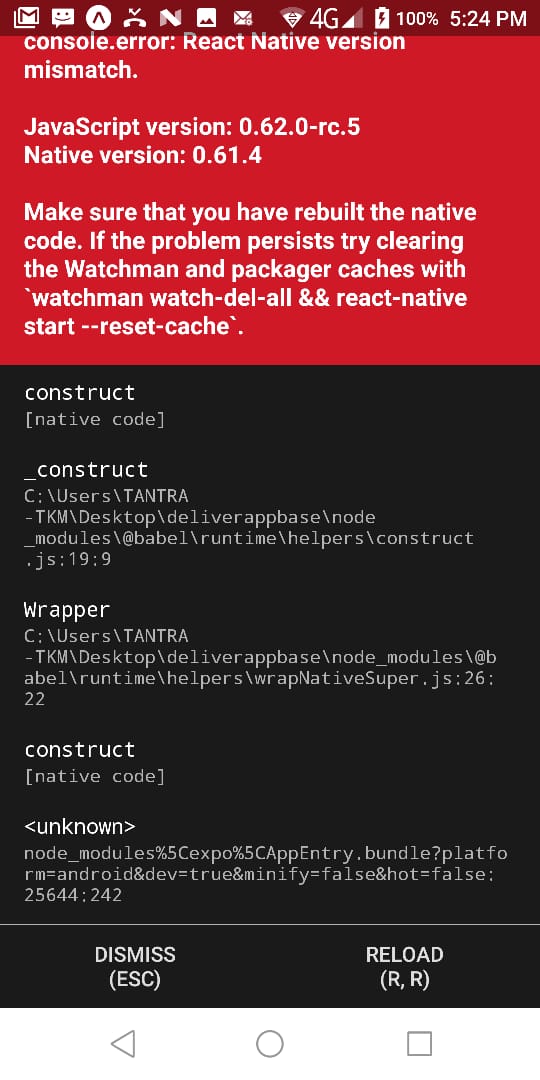 javascript console.error React Native version mismatch