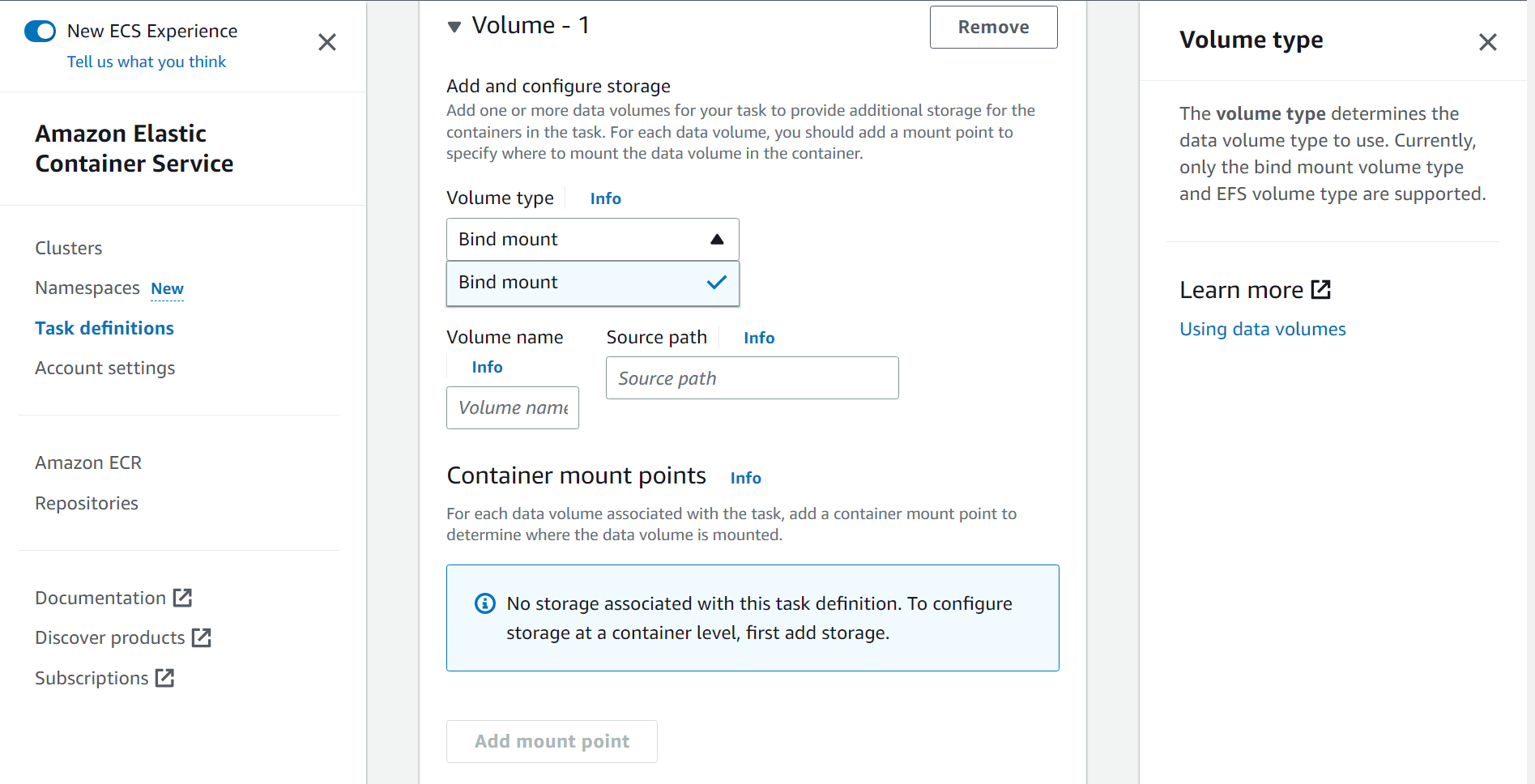 amazon ecs I want to mount EFS to ECS but I don't have EFS Volume Type option when creating