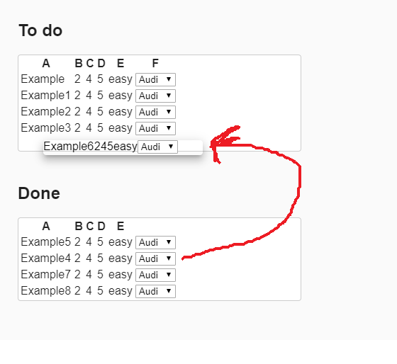 angular How to store dragged option element of a row between two