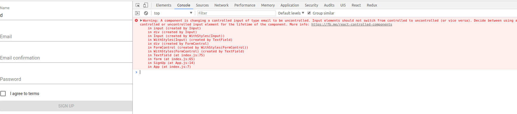 javascript A component is changing a controlled input of type email