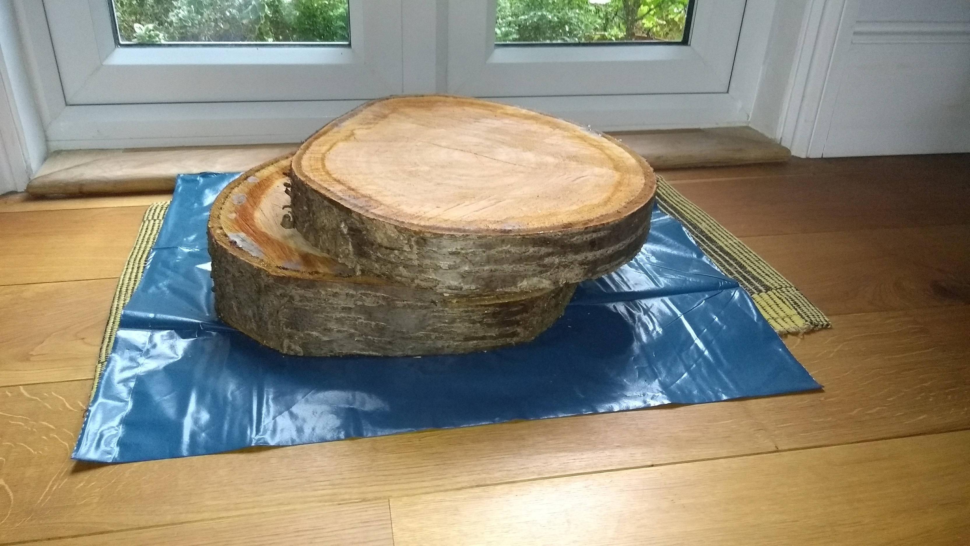 Wood Drying and sanding cherry tree disc for coffee table Love