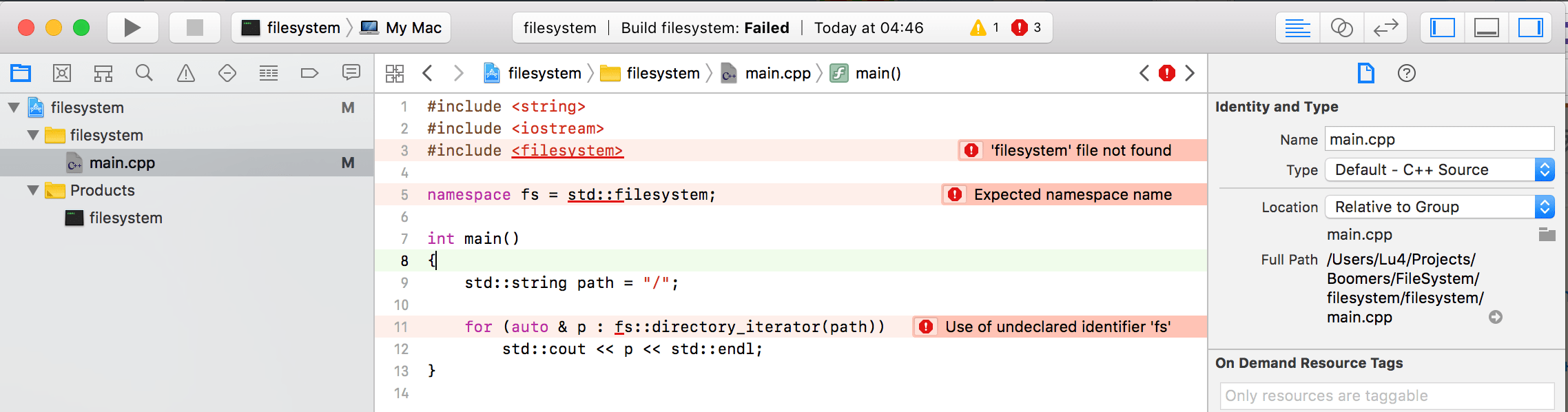 `filesystem` with c++17 doesn't work on my mac os x high sierraHow to