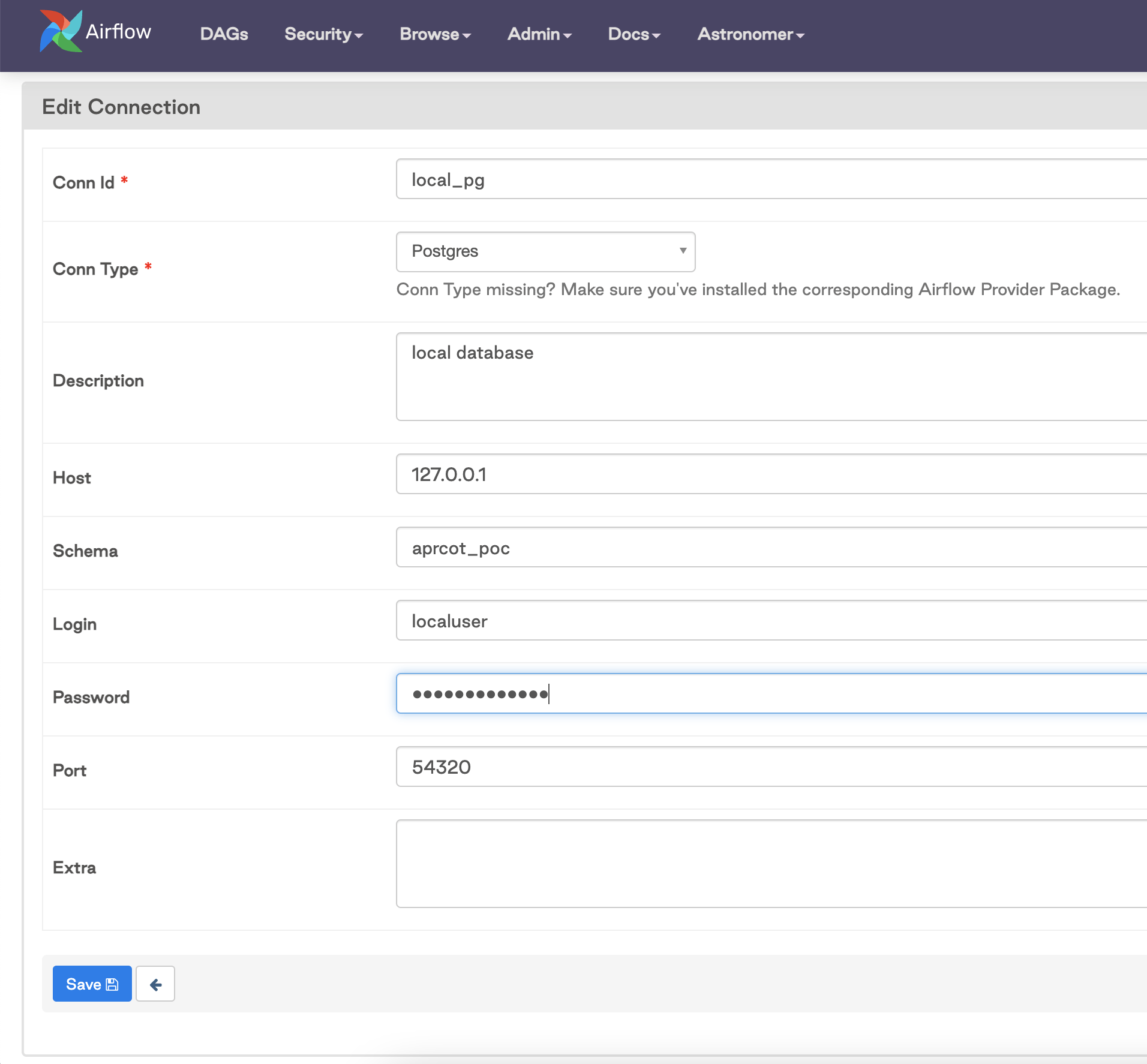 postgresql add an airflow connection to a localhost database