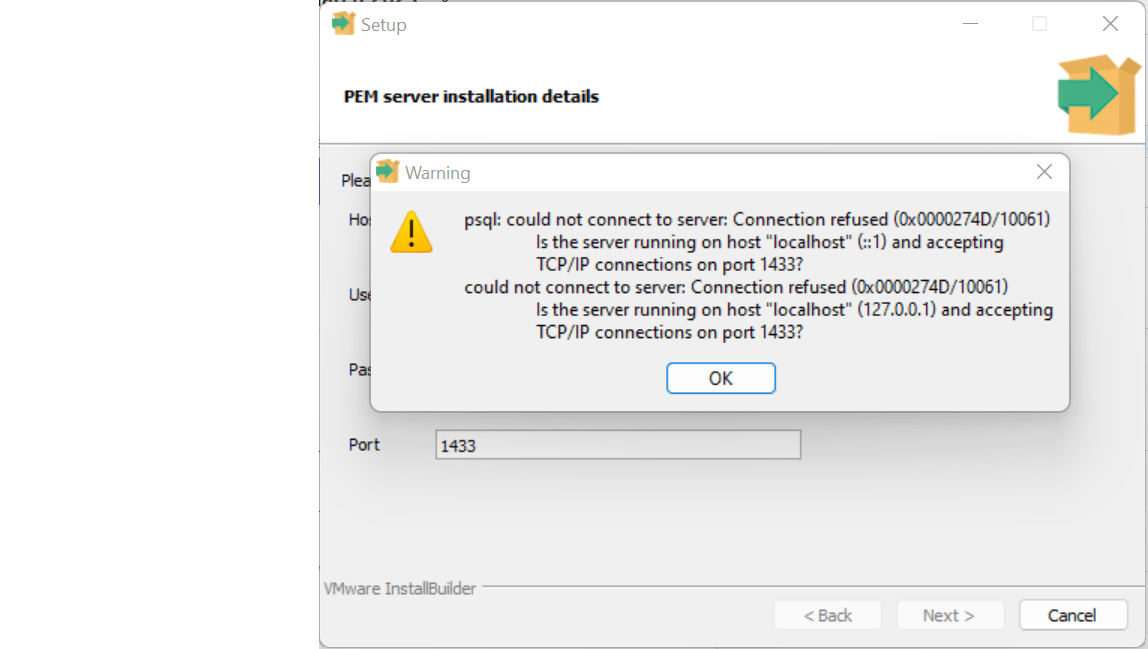 postgresql could not connect server connection refused(127.0.0.1