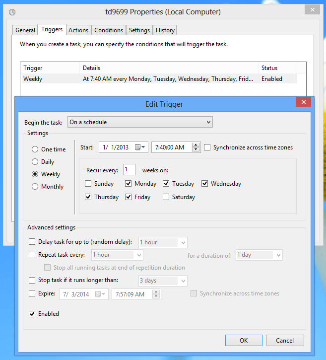 windows 8 Scheduled task with custom weekly schedule does not run