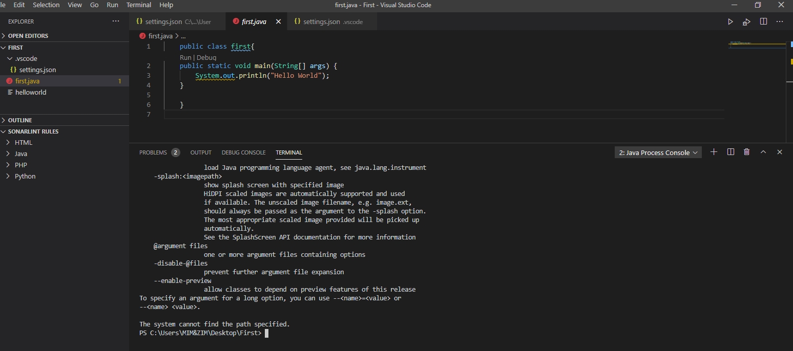 Visual Studio Code Terminal keeps showing "The system cannot find the path specified" on running