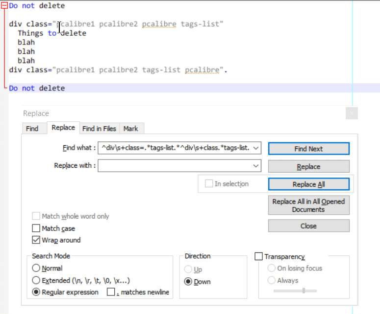 regex Notepad++ How to delete sections of text starting with a line containing a certain