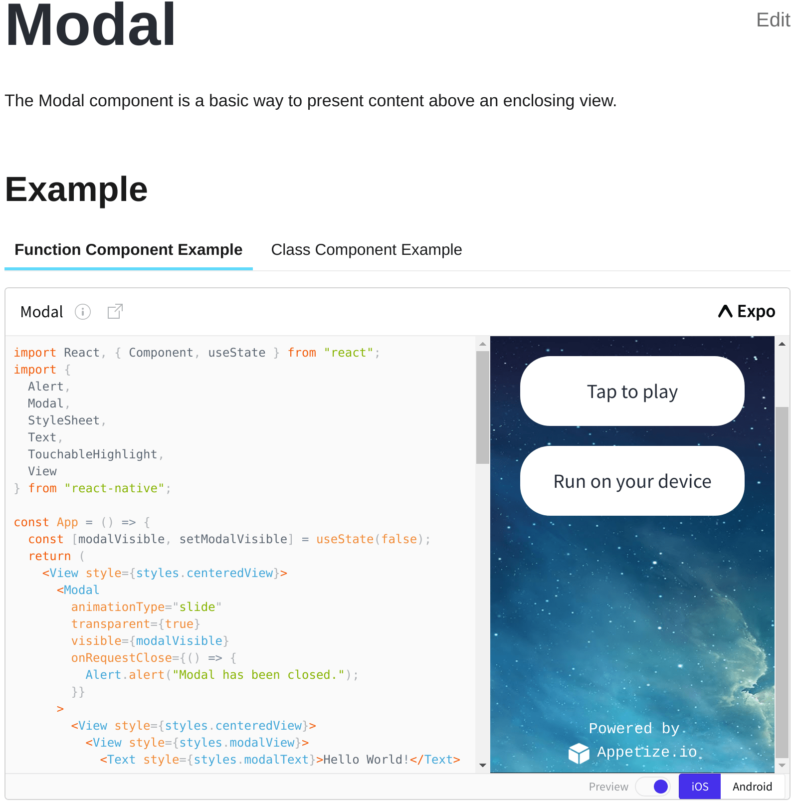 javascript reactnative modal official example does not