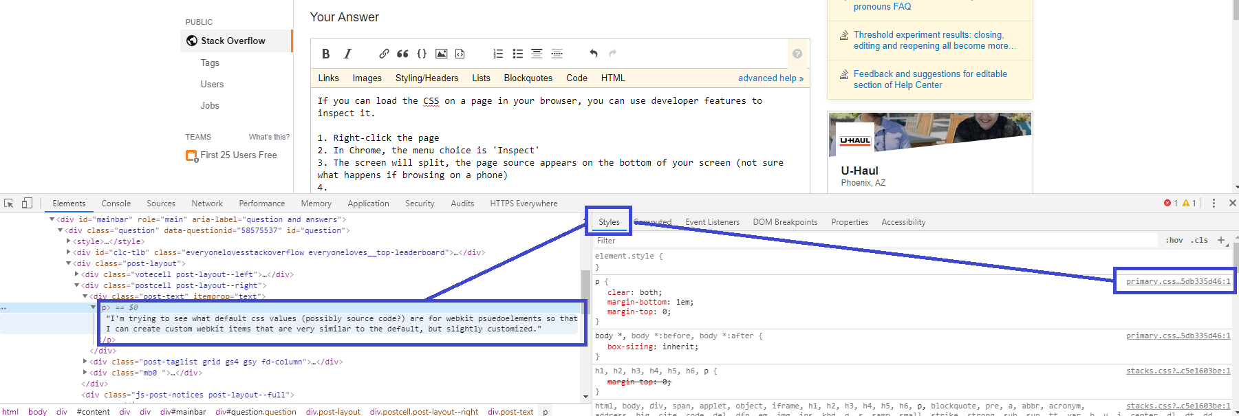 How can I view the default css styles for webkitscrollbar and webkit