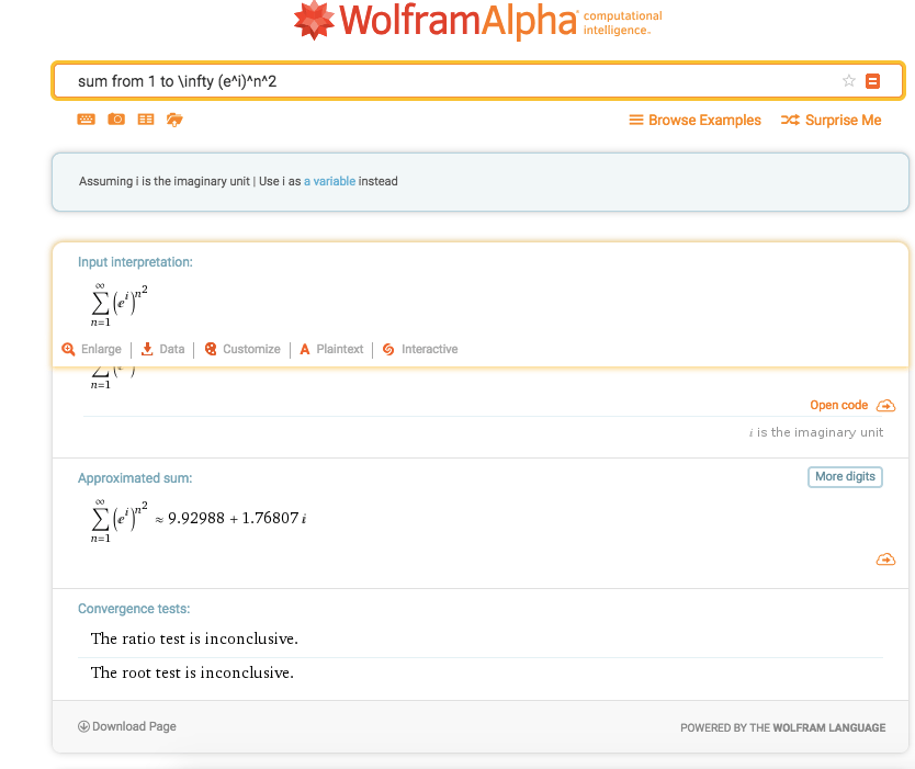 sequences and series Why does Wolfram Alpha give \sum_{n=1}^{\infty