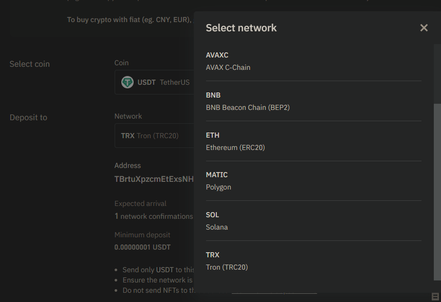 How can I get my Tron(TRC20) Address from my Binance Account vie API