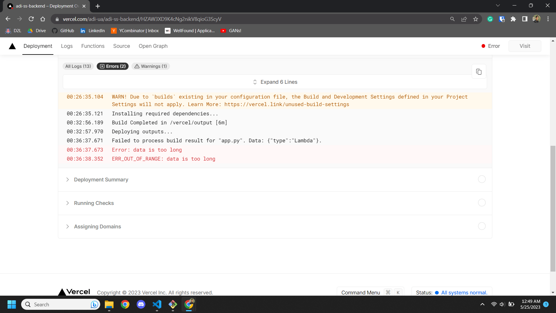 Deploying Flask app with PyTorch model on Vercel results in ERR_OUT_OF