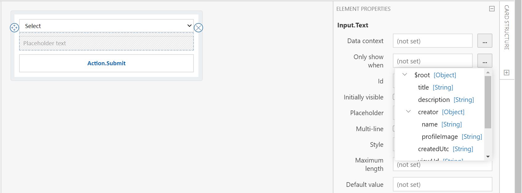 javascript Adaptive Card show text input block based on choice set