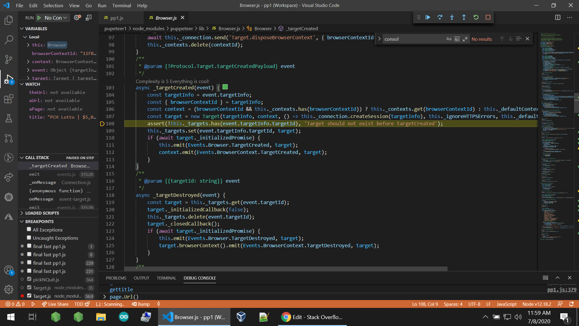 node.js await page.title() in puppeteer hangs during *after* page