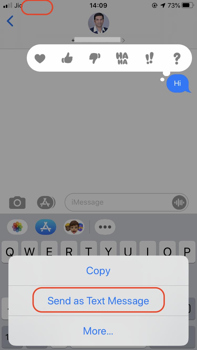 iphone Force Messages to use SMS for specific contact rather than