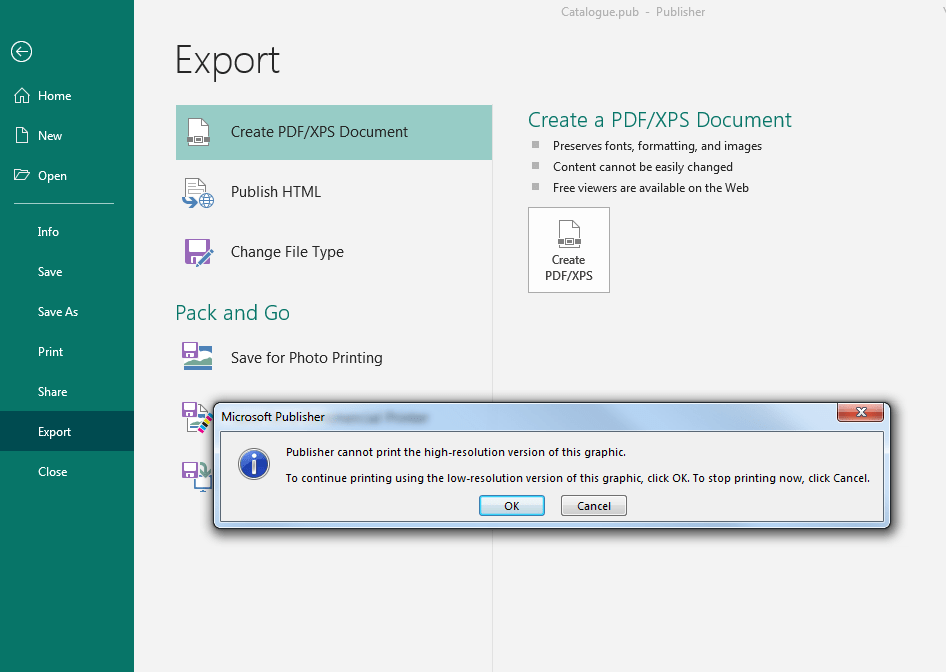 pdf Popping up errors Publisher cannot print the highresolution