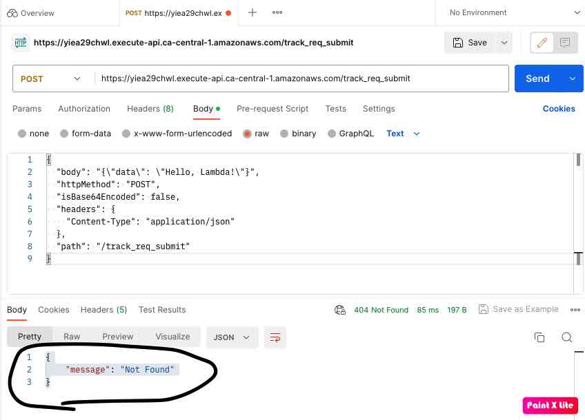 node.js AWS API Gateway POST route keeps returning "message" "Not