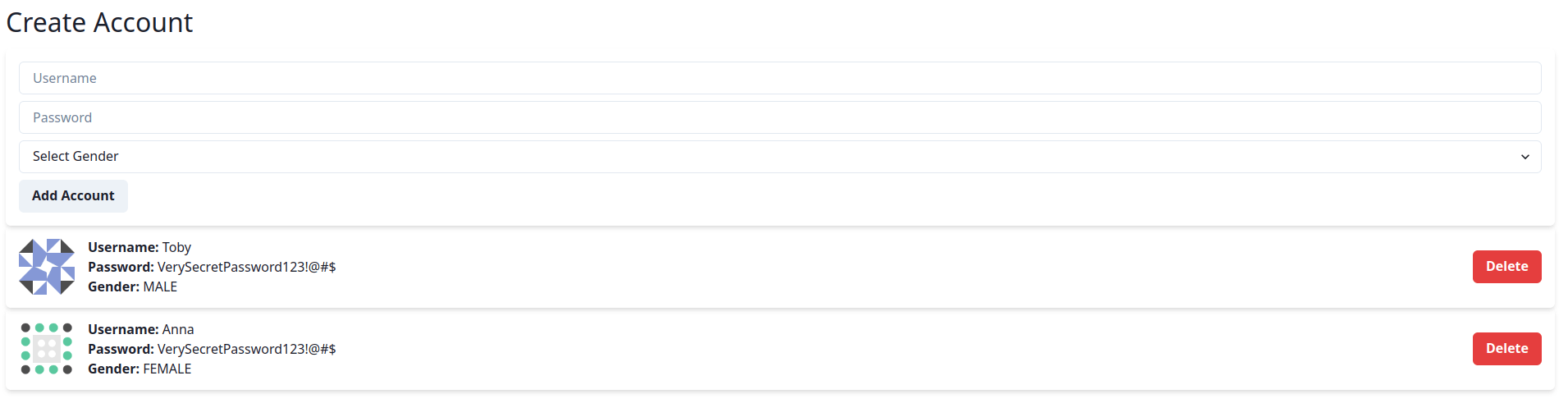 java Spring Boot Account API with React Frontend and Identicon