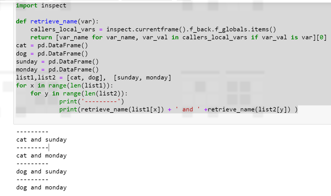 python Get pandas dataframe names stored in list in 2 loops instead