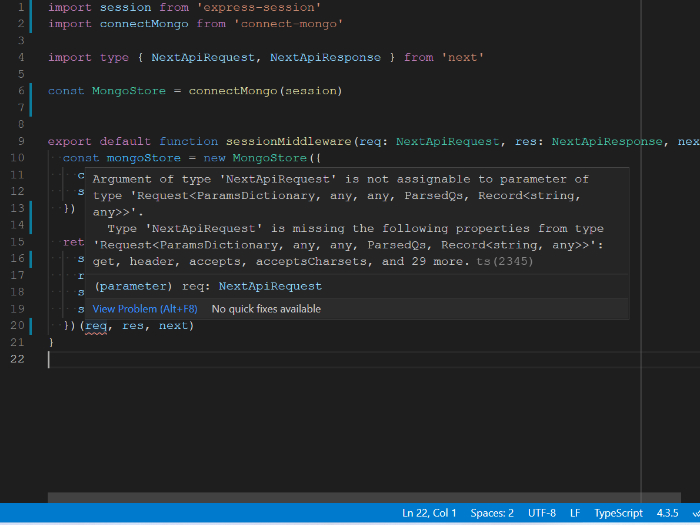 typescript Type 'NextApiRequest' is missing the following properties