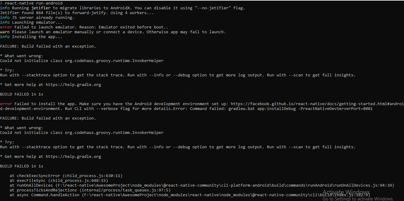 reactnative runandroid error Failed to install the app. Make sure