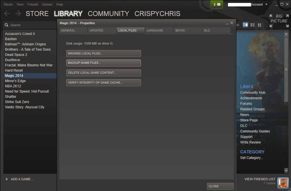 Reinstalling a game using Steam Arqade