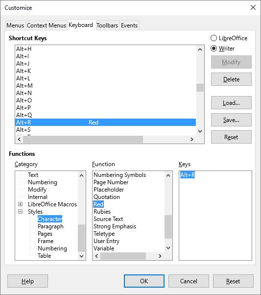 Keyboard shortcut to change font color in Libreoffice to a specific