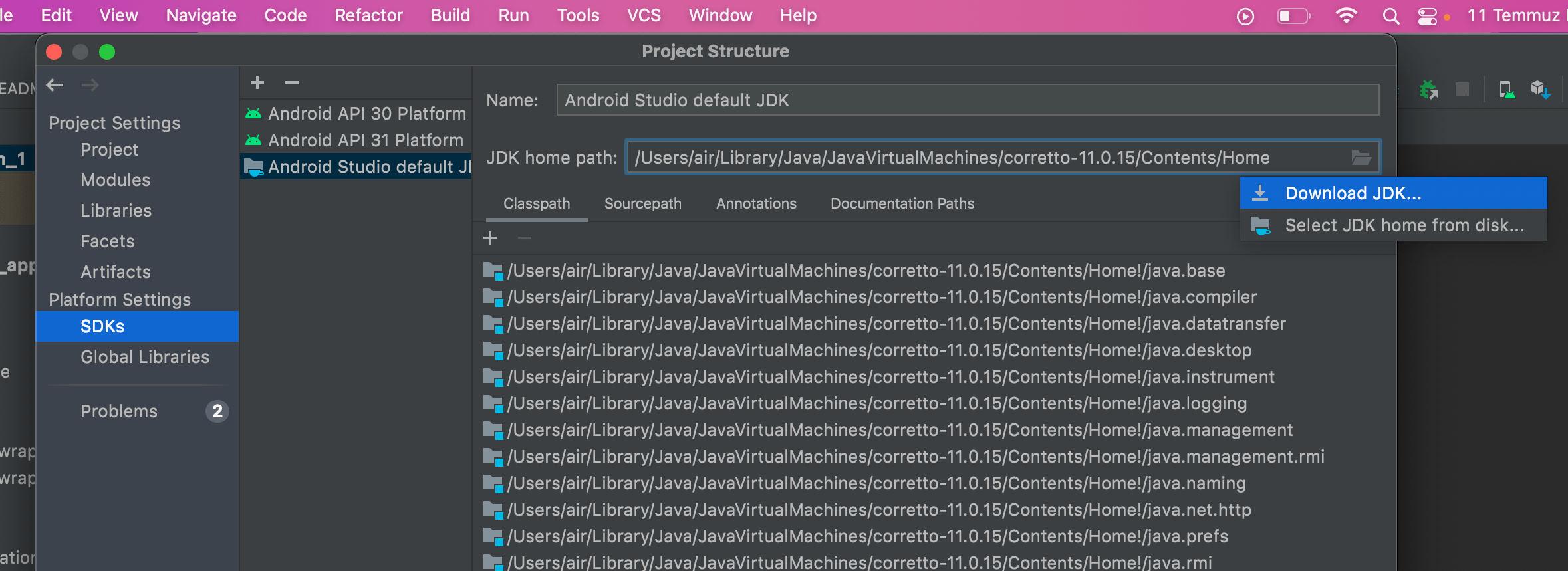 flutter Android Gradle plugin requires Java 11 to run. You are currently using Java 1.8, but i