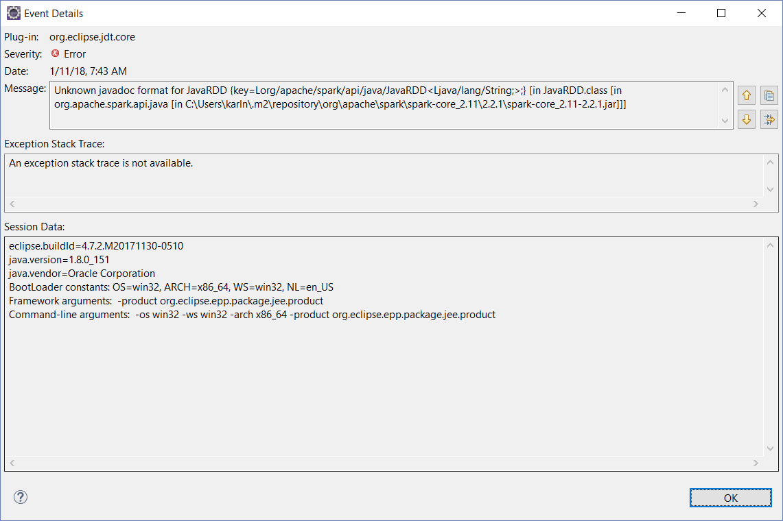 Unknown javadoc format for JavaRDD error in Eclipse in Windows 10