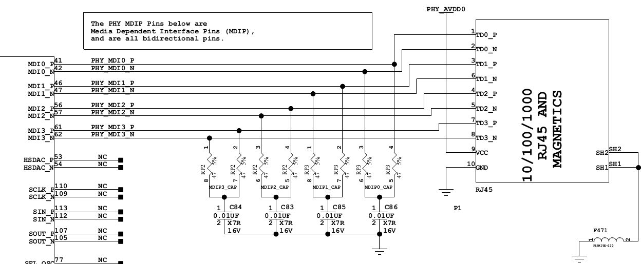 RC pulldown on the MDI lines between the PHY and RJ45