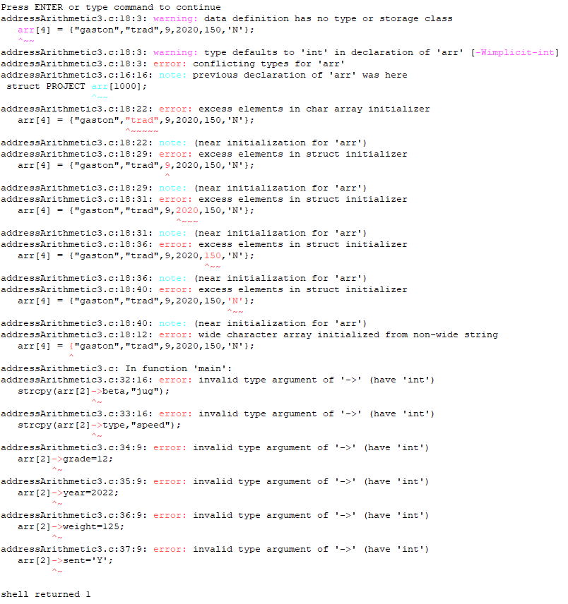 c Errors Excess elements in struct initializer ; invalid type