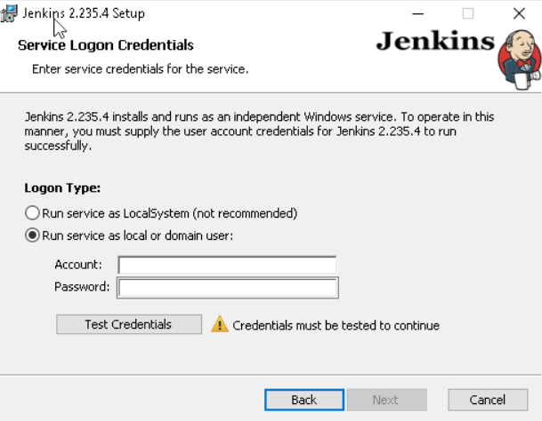 jenkins installation windows 10 "Service Logon Credentials" Stack