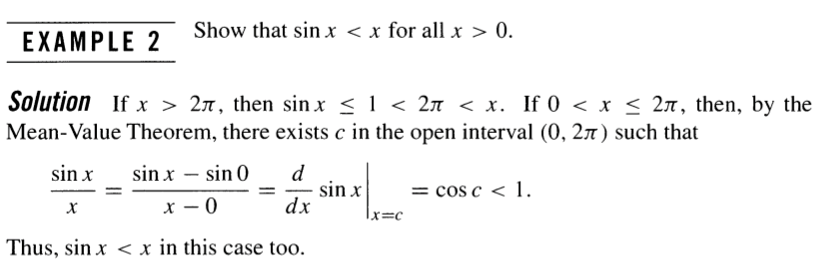real analysis Using mean value theorem to show that \sin x\lt x Mathematics Stack Exchange